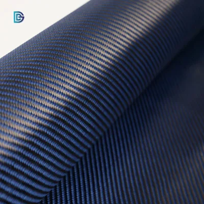 China Fábrica Azul 3K 1500d 200GSM Colorido Carbono Kevlar Aramid Sarja Jacquard Tecido Híbrido Kevlar-Carbono
